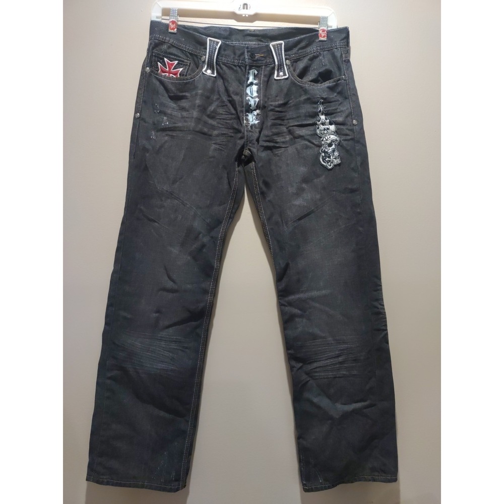 Black Label Black Wash Cinch Embroidery Patches Straight Leg Jeans Size 36